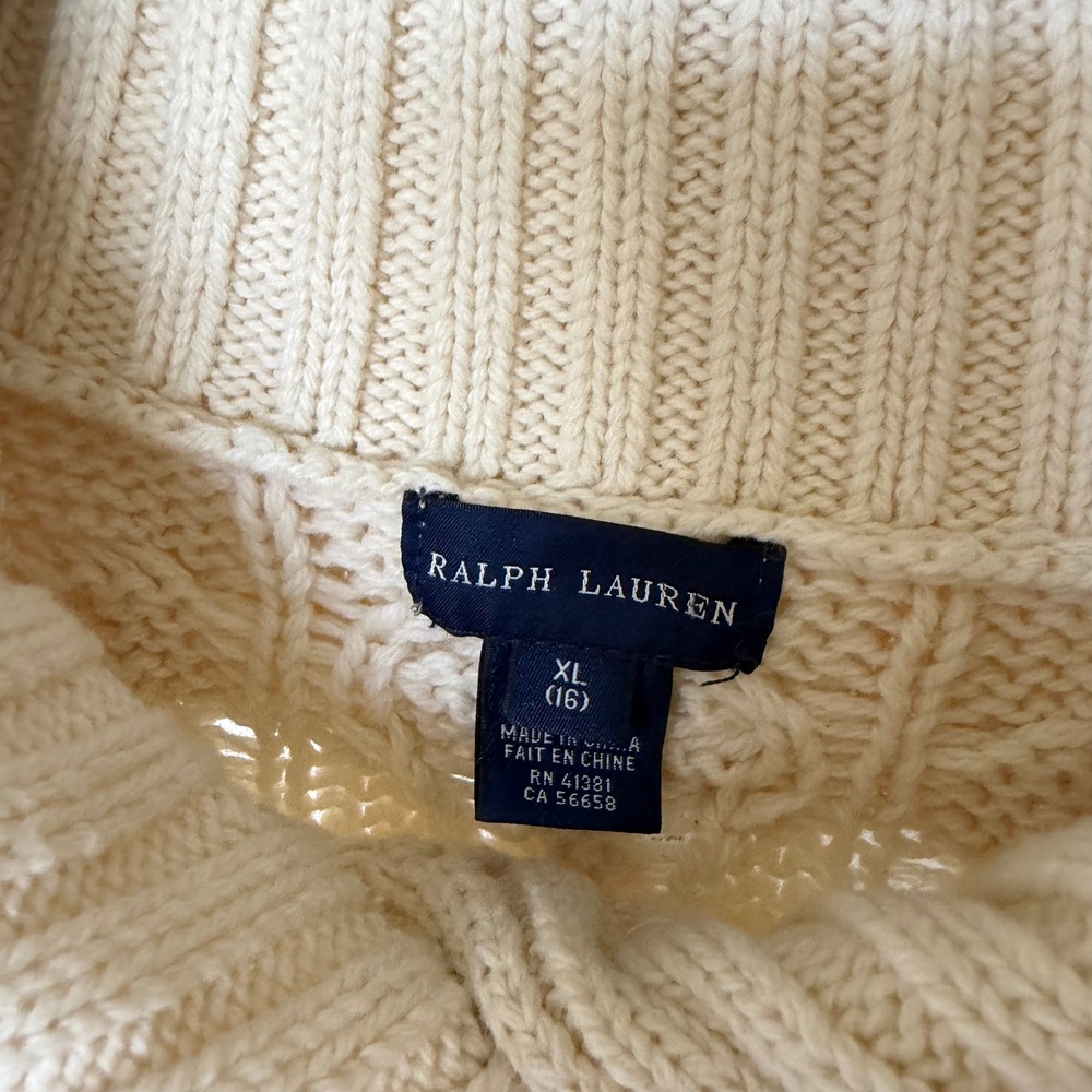 Ralph Lauren Cream Cable Knit Sweater Dress Short Sleeve Button Collar XL 16 - Picture 2 of 9